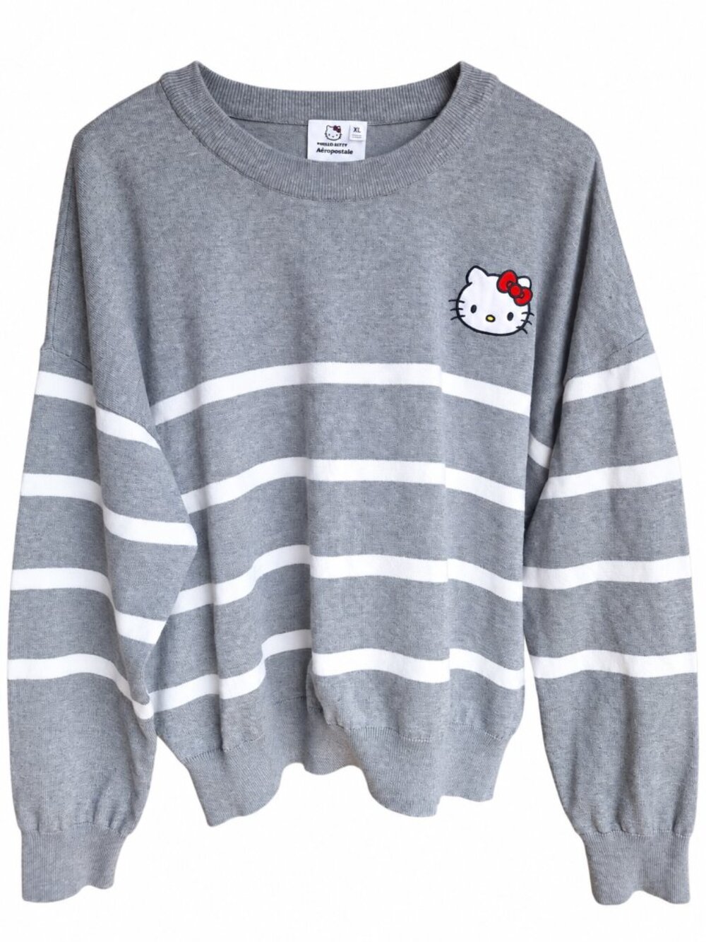 Aeropostale Hello Kitty XL Gray Striped Oversized Sweater Sanrio Kawaii